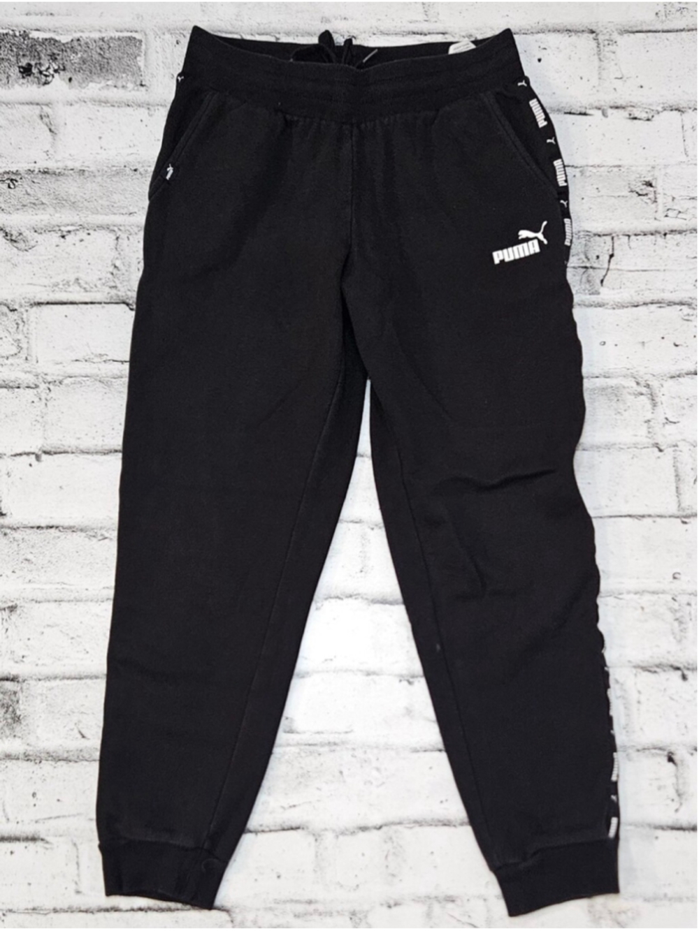 Puma Amplified Black Logo Tape Jogger Sweatpants Small Fleece Athletic